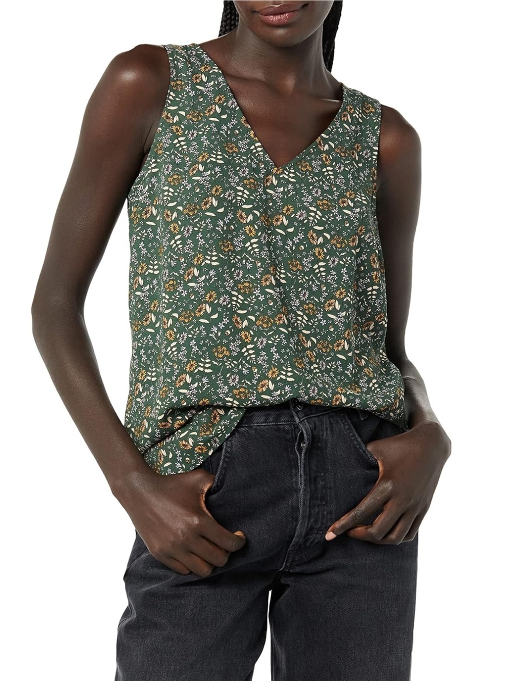 Amazon Essentials Regular-Fit V Neck Sleeveless Tank Top in Dark Green Floral